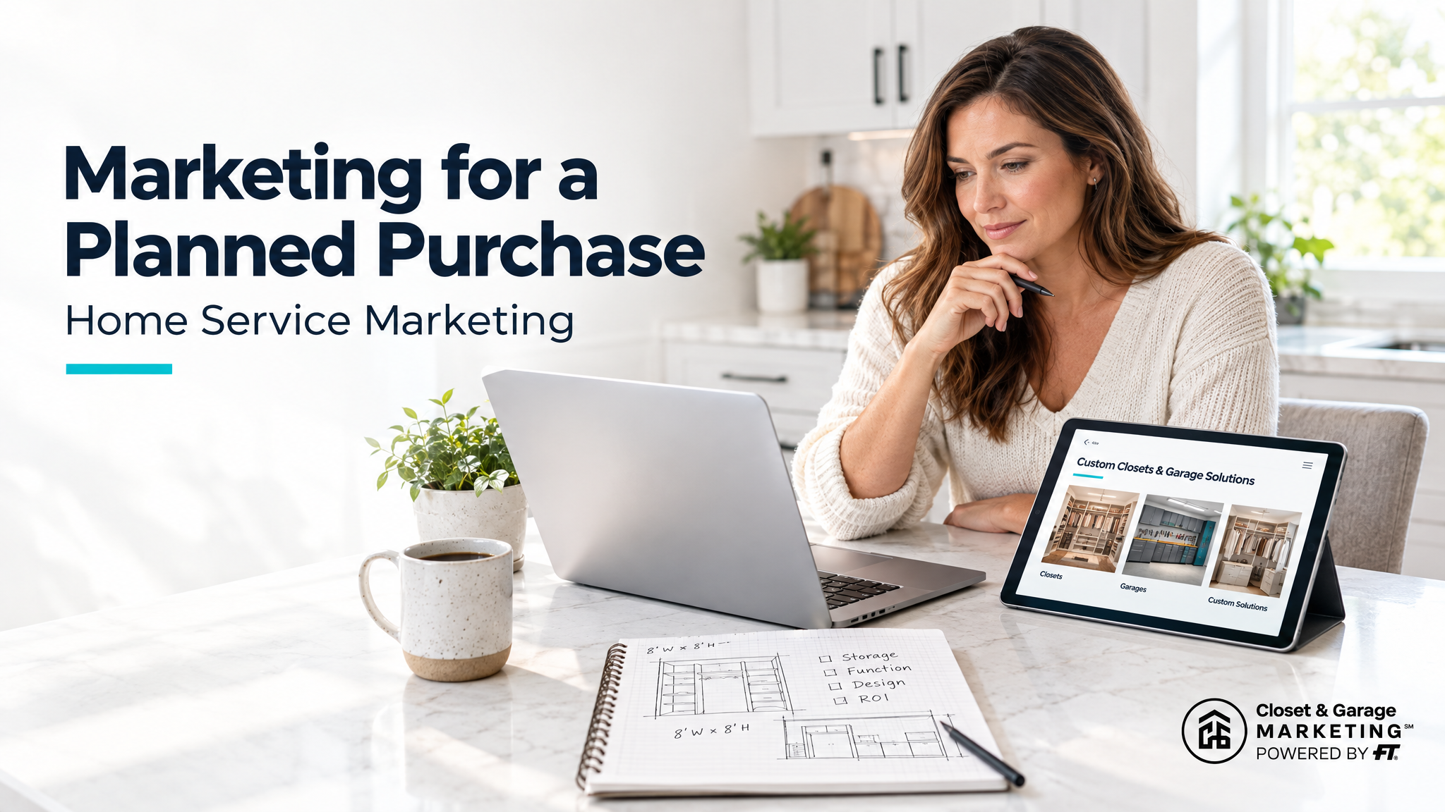 Homeowner researching home service marketing examples, comparing custom closet and garage designs on a tablet with a closet sketch in her notebook